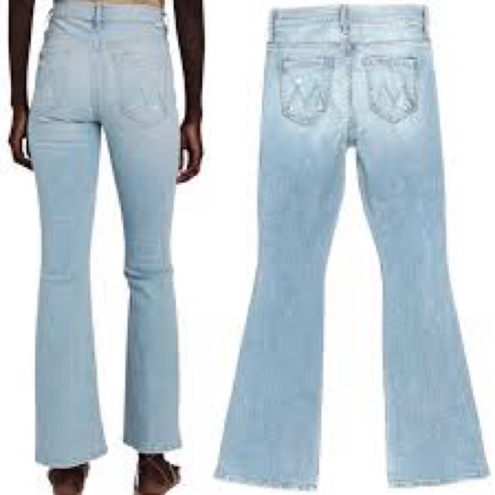 Mother Mid-Rise The Weekender Distressed Flare Jeans Free Hugs Light Wash Sz 25